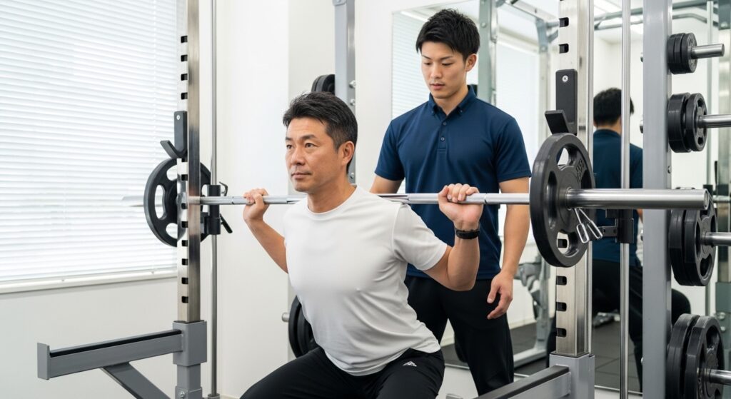 40代男性がトレーナーの指導でバーベルスクワットに取り組む様子
