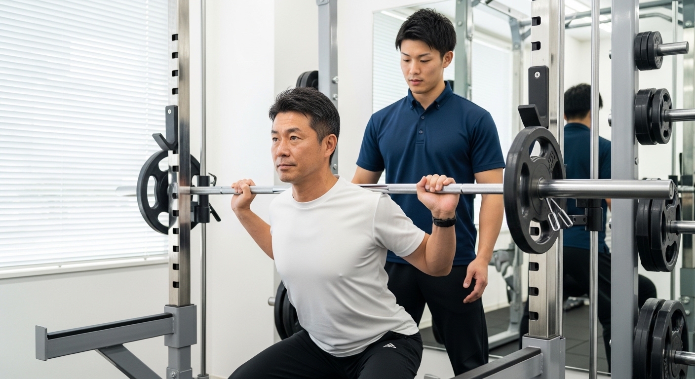 40代男性がトレーナーの指導でバーベルスクワットに取り組む様子