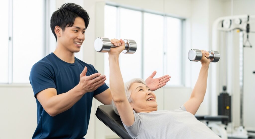 50代女性がトレーナーの指導でダンベルプレスに取り組む様子