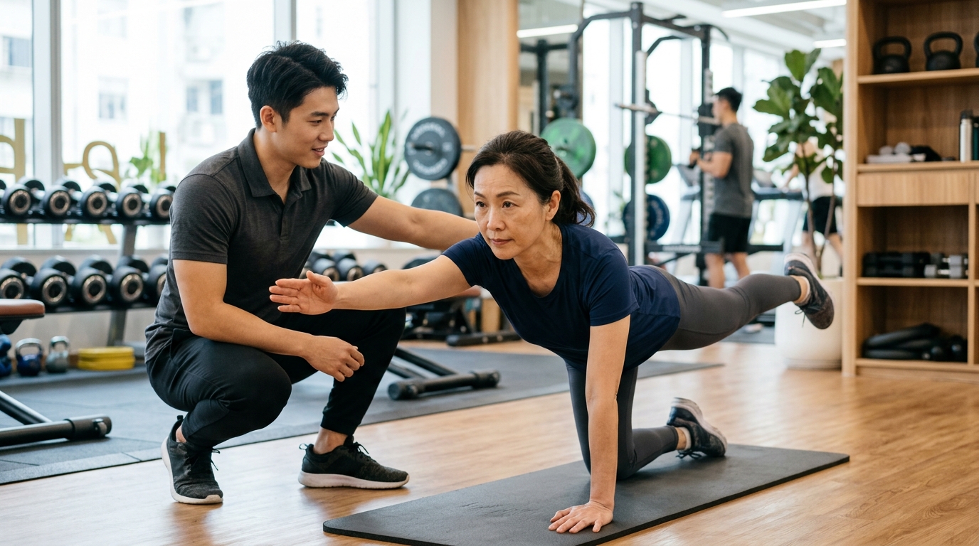 女性がトレーナーの指導でバードドッグを行い体幹と姿勢を整える様子